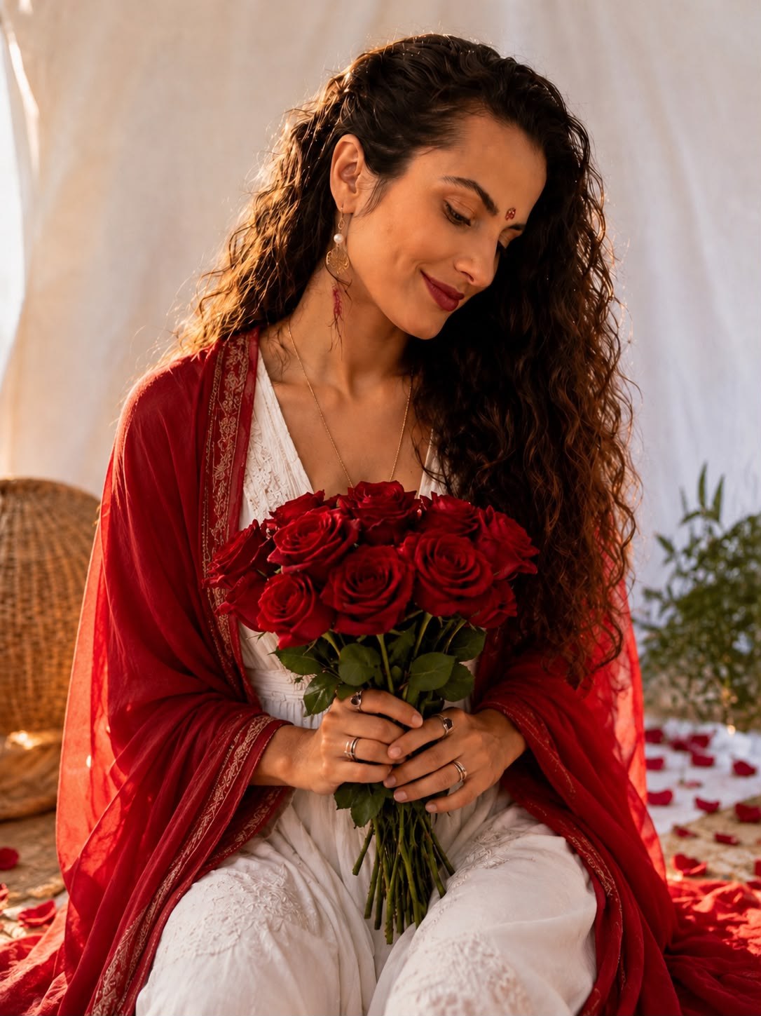 Braja Sundari, cocriadora da Felina Flor, com um buquê de rosas vermelhas