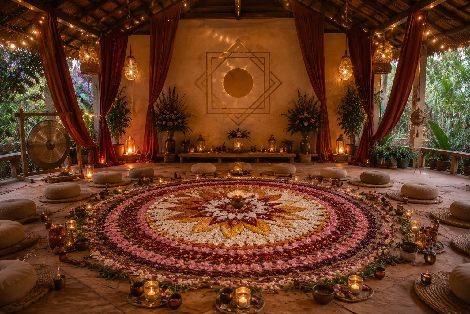Espaço de rituais da Felina Flor com mandala de flores