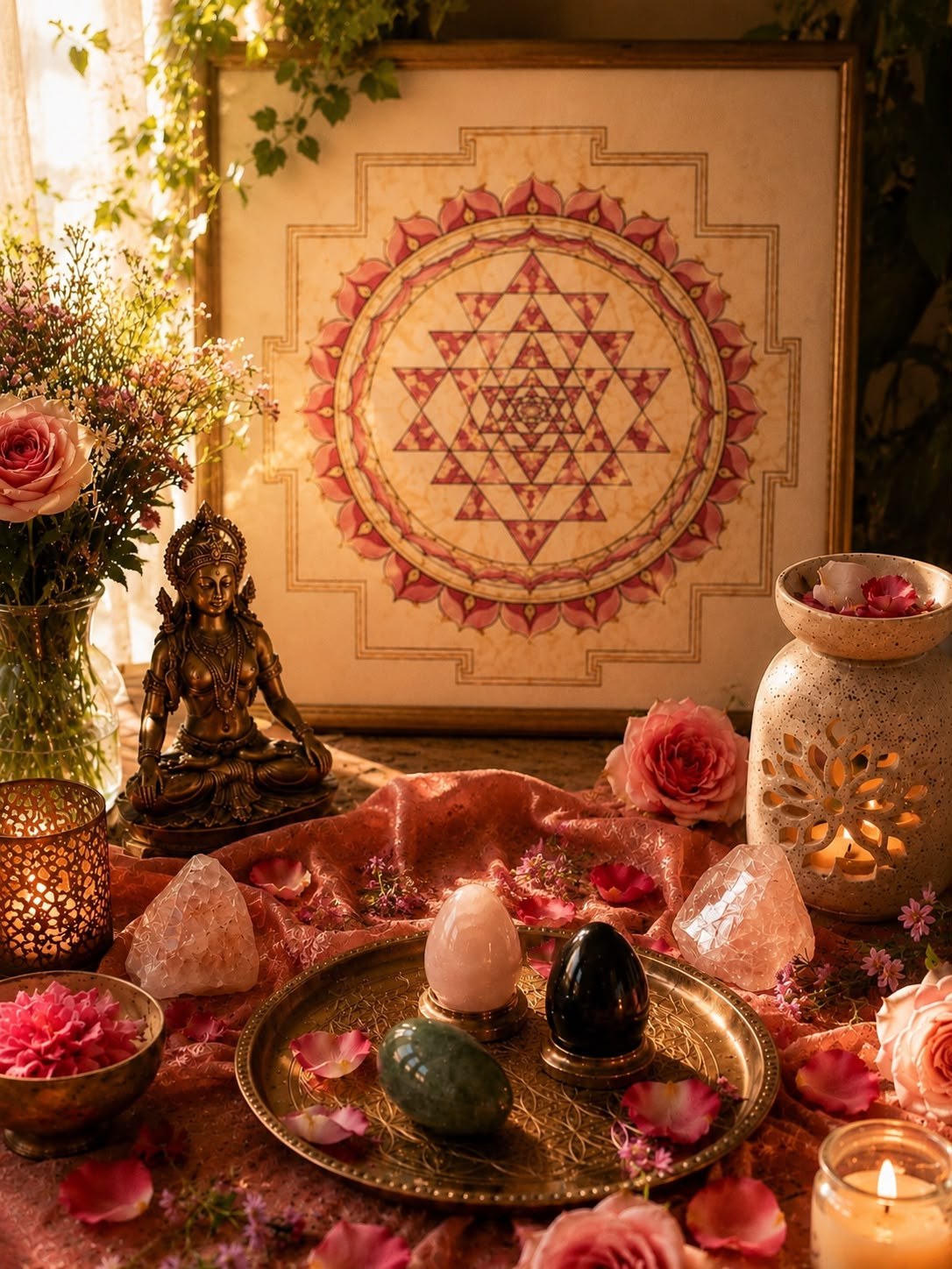 Altar com cristais e Sri Yantra